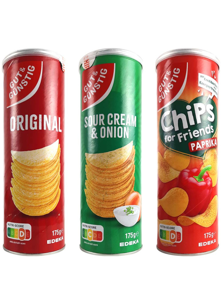 Gut & Günstig Stash Potato Chips (3 Designs):
Original, Sour Cream & Onion and Bell Pepper.