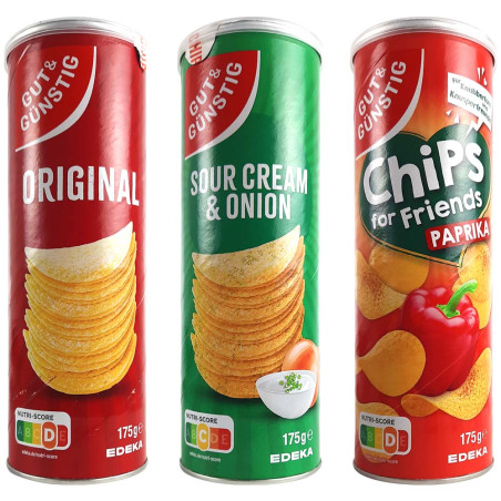 Gut & Günstig Stash Potato Chips (3 Designs):
Original, Sour Cream & Onion and Bell Pepper.