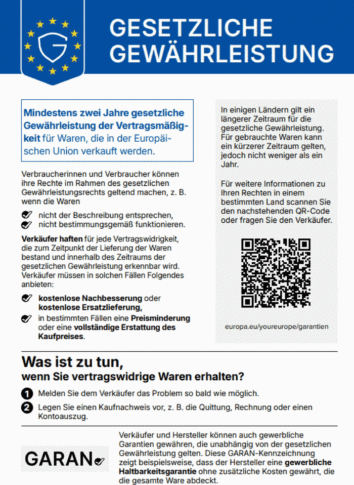 Gesetzliche Gewährleistung – mindestens 2 Jahre (EU)